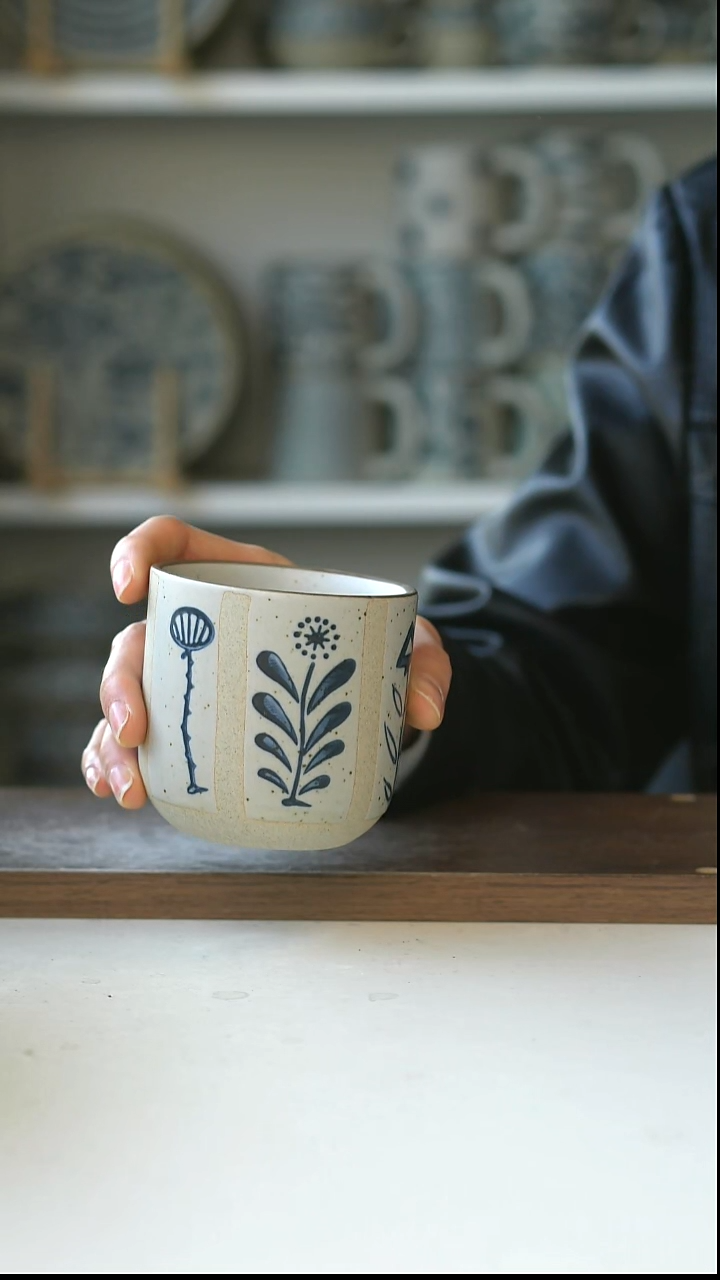 陶粗陶手绘百草花手握杯260ml@7-7@