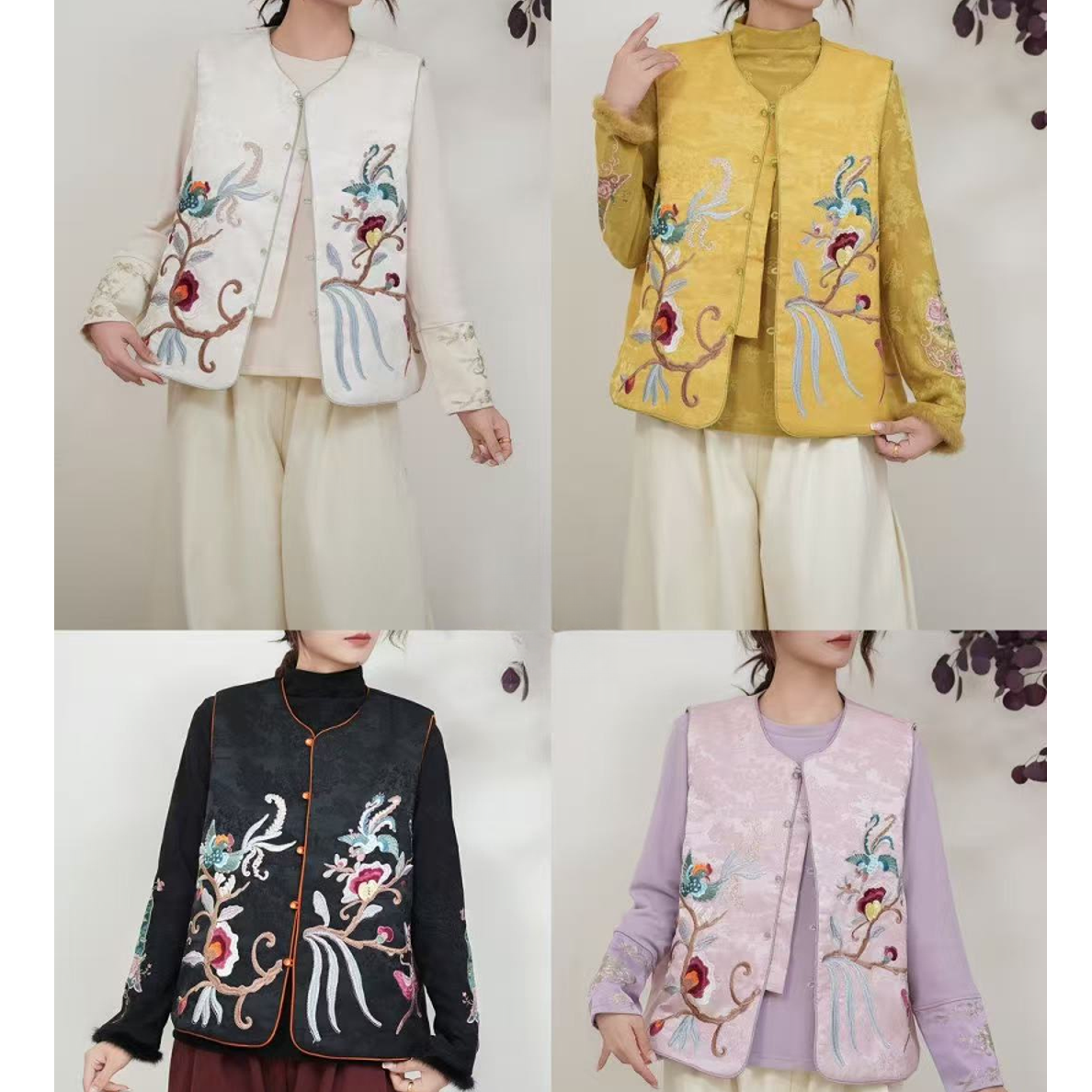 379#秋冬加棉新款新中式《凤寻丹心》女时尚潮流百搭刺绣棉马甲无袖