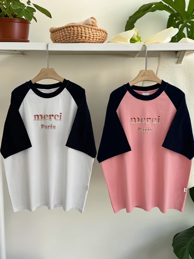【插肩字母】少女风宽松型撞色印花短袖T恤拼接宽松拼色圆领