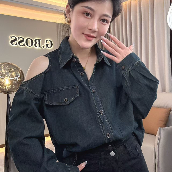 【耿老板6054#C】时尚气质露肩牛仔设计师精致短款