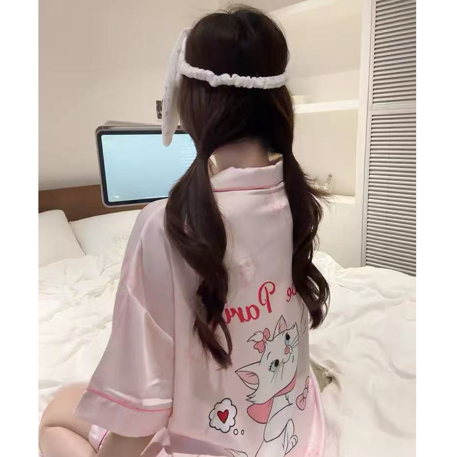 夏季新款冰丝三件套女短袖睡衣带胸垫可爱玛丽猫印花可外穿家居服