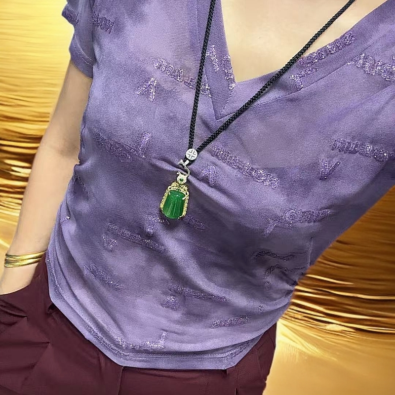 8090印花圆领字母短袖V领常规T恤提花紫色