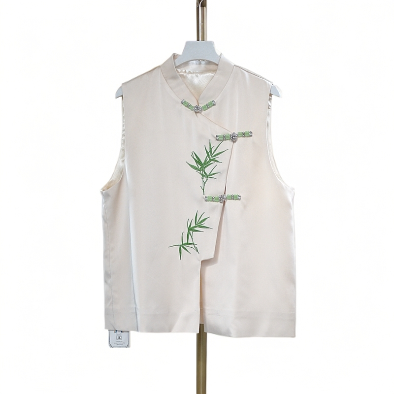 新中式国风竹叶刺绣玉竹扣子立领叠穿马甲女装清冷风复古无袖背心