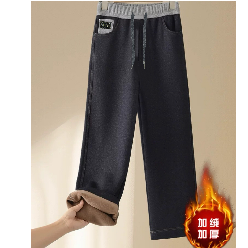 26加绒款拼色腰明线刺绣松紧腰带口袋阔腿裤牛仔裤女 