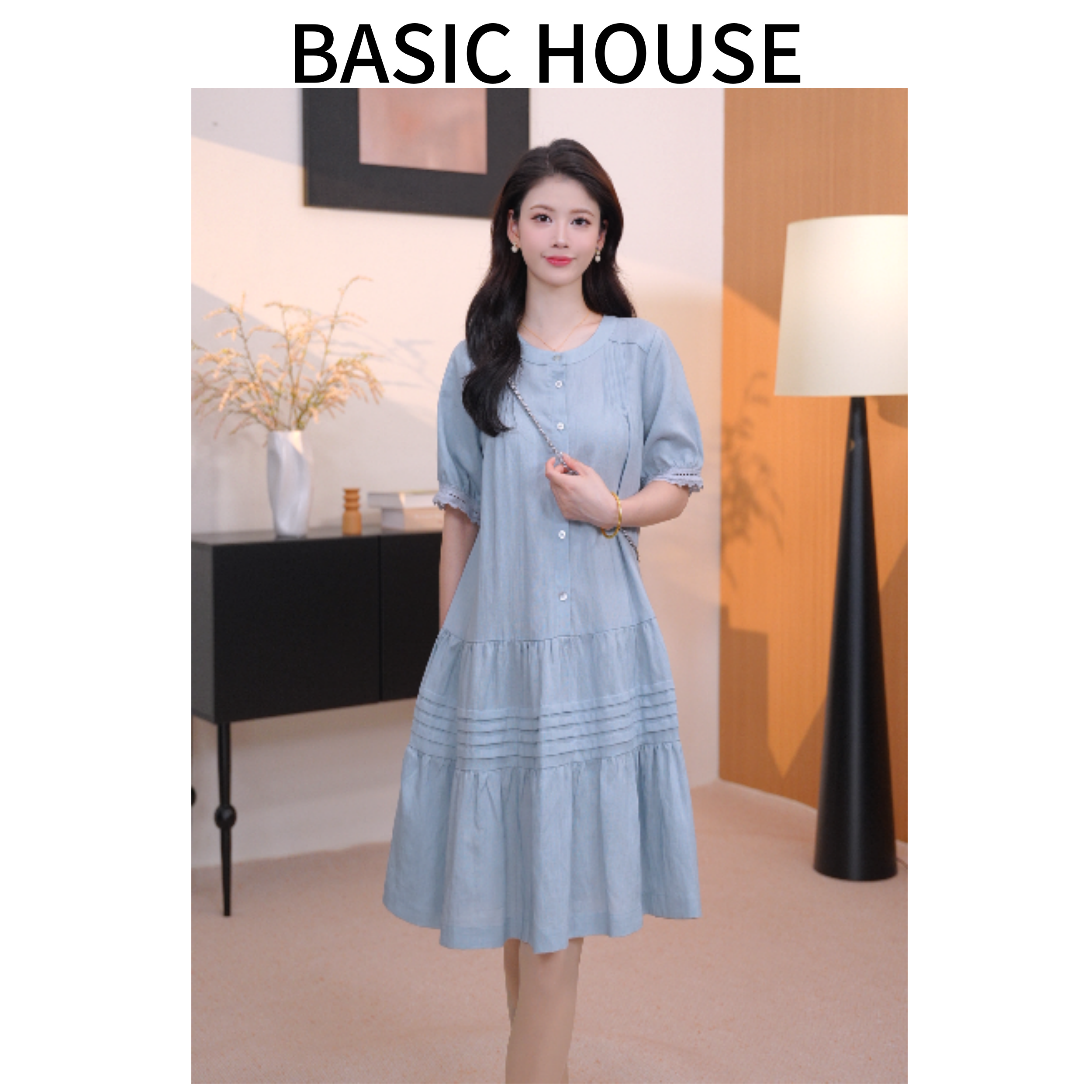 Basic House/百家好夏季新款气质时尚收腰宽松显瘦打褶连衣裙女YZ