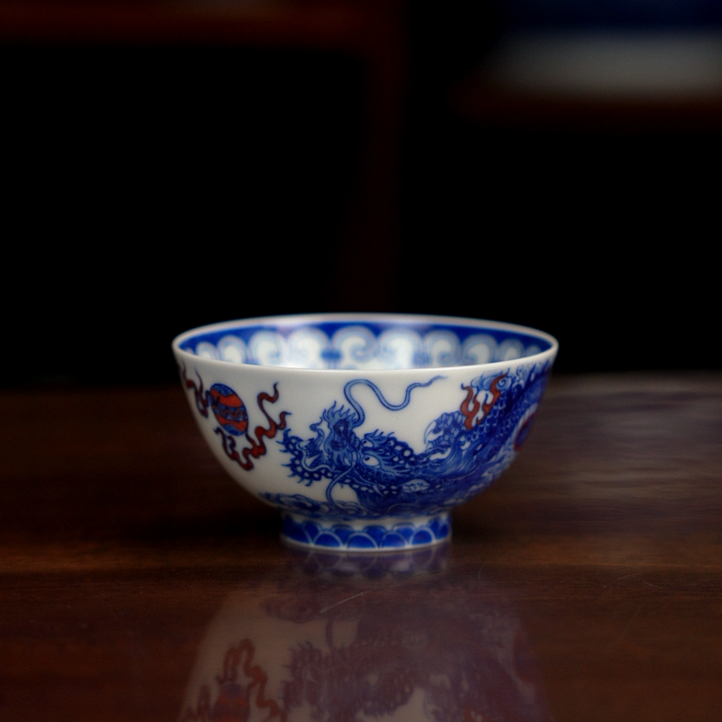 自成堂柴窑青花龙纹鸡心杯陶瓷功夫茶杯主人杯品茗杯茶具鱼化龙杯