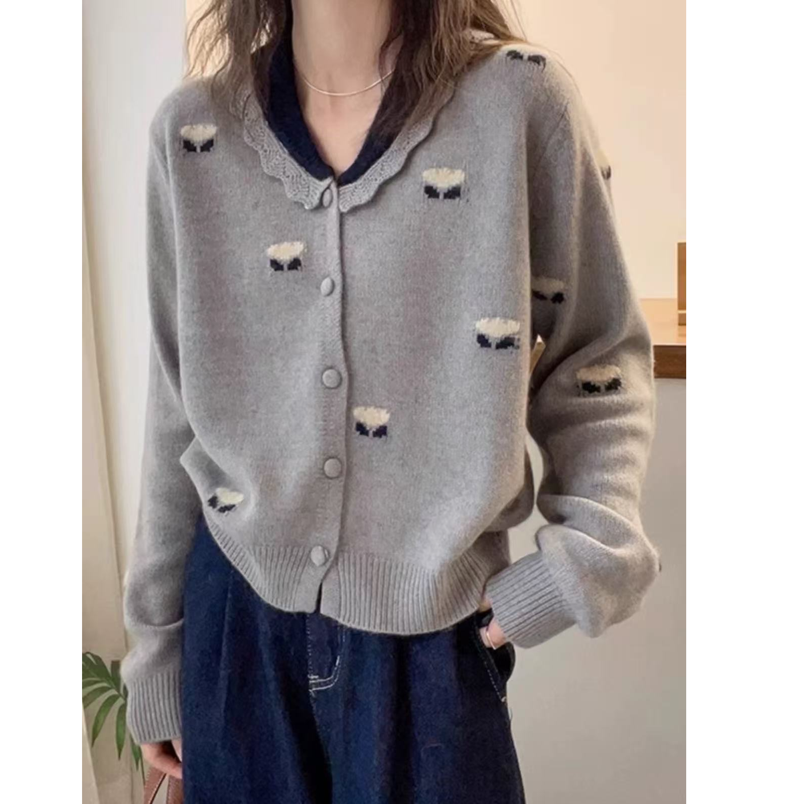 【小羊提花】秋冬新款单排扣针织毛衣开衫外穿宽松圆领上衣女