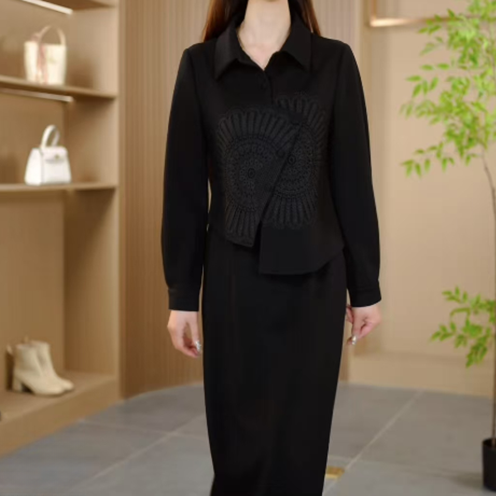 KA2025春季新款翻领时尚刺绣气质上衣显瘦半身裙套装