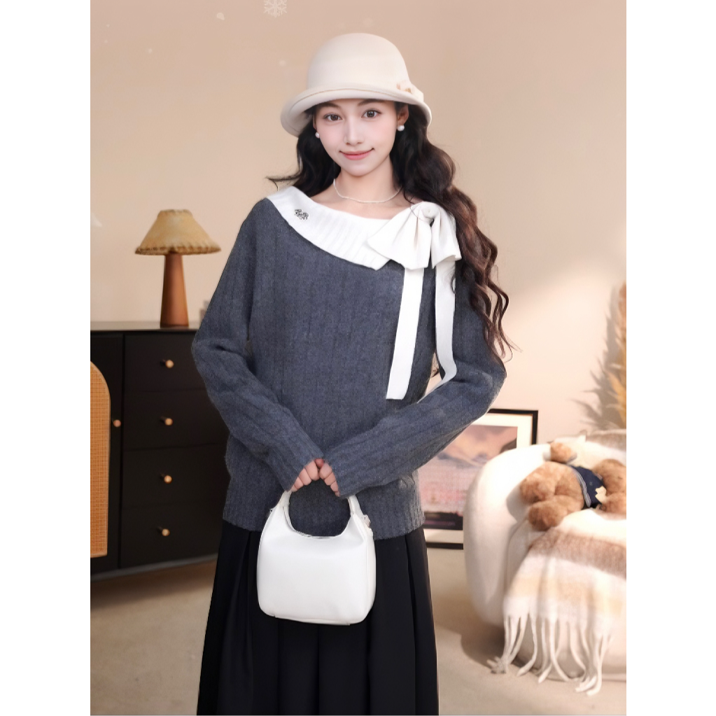 张汽水韩系蝴蝶结毛衣气质宽松慵懒针织衫上衣DY2025312