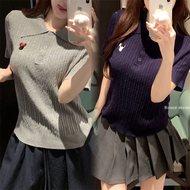 大码夏季胖mm正肩麻花纹学院风polo领米奇刺绣针织短袖薄款上衣女