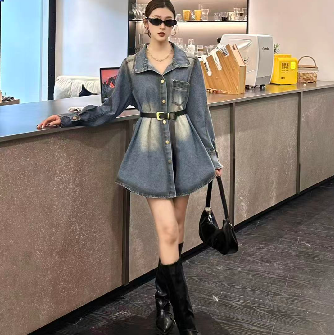 D8608/6178休闲翻领排扣收腰牛仔衬衫（配腰带）