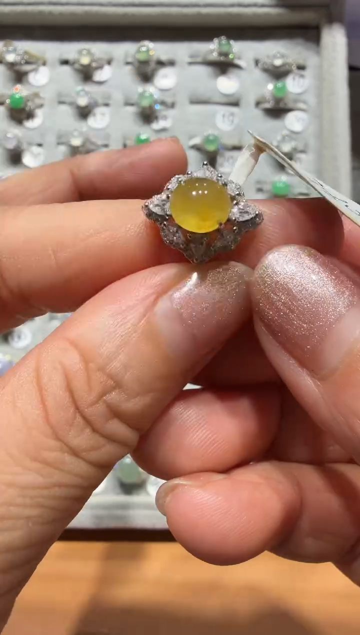 银S925镶嵌戒指翡翠925银镶缅甸A货翡翠戒指