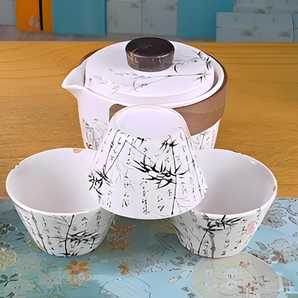 KK0237-墨竹一壶三杯旅行套家用创意简约大容量大号日式杯碟带盖