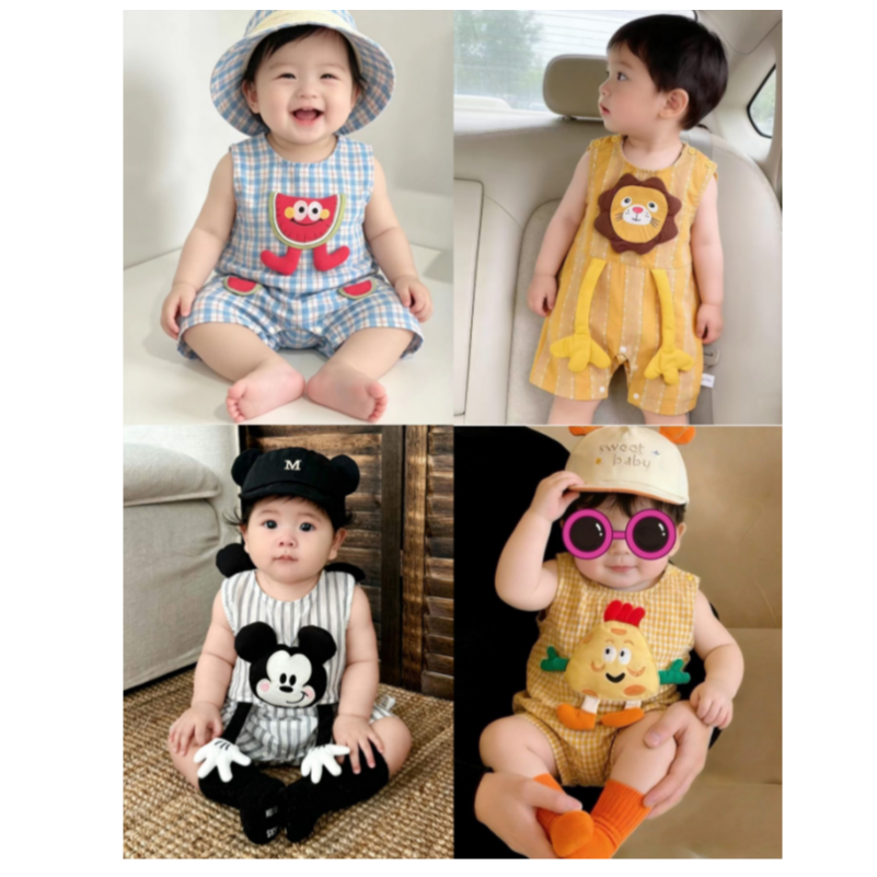 夏季西瓜+米奇+芝士小萌怪+长臂狮子婴幼儿薄款无袖男女宝宝哈衣