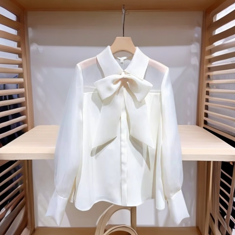 春季纯色长袖白色法式甜美气质蝴蝶结衬衫清新风小衫洋气