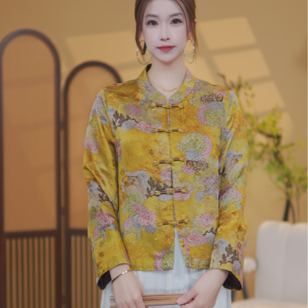 长袖常规款宽松型女薄款短外套中国风印花唐装外套女
