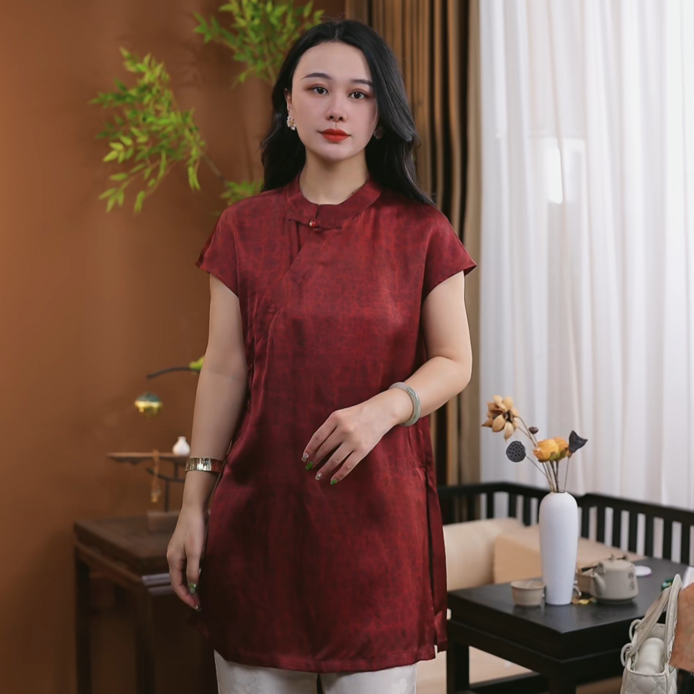 夏季新中式桑蚕丝短袖女时尚显瘦百搭中国风上衣女S075