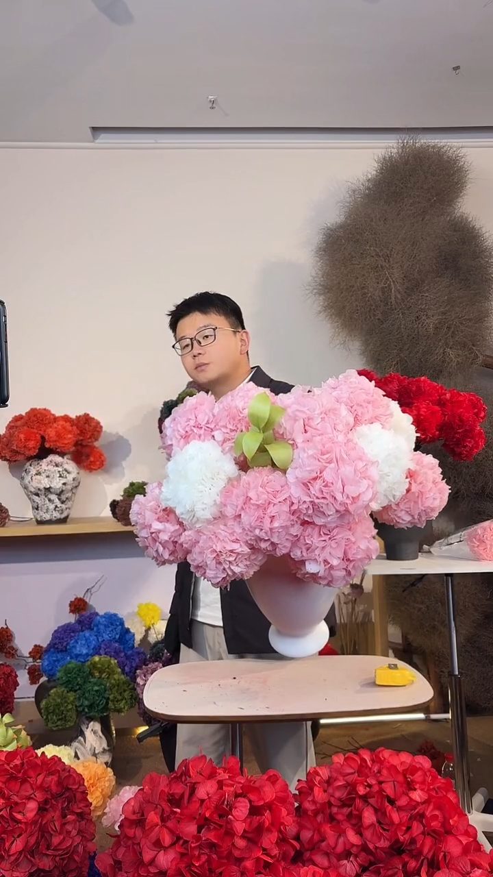 漂色永生大叶绣球花球15枝+进口橘叶1枝—奶白3/浅粉12