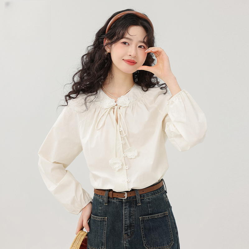 法式气质蓝色长袖衬衫女2025春季新款设计感小众立体花朵上衣