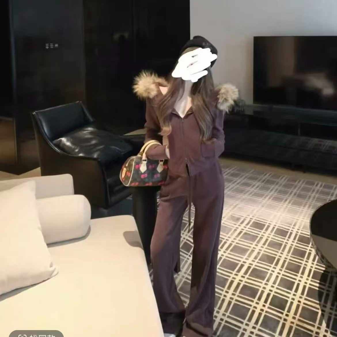 昭宁 美式复古微胖大码双拉链毛领连帽加绒外套68501/裤子68502