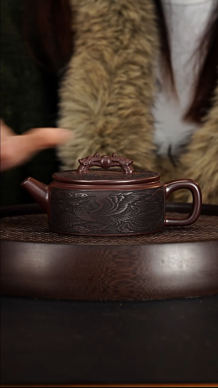 茶壶紫砂宜兴紫砂壶石红泥料龙凤如意汉瓦280cc