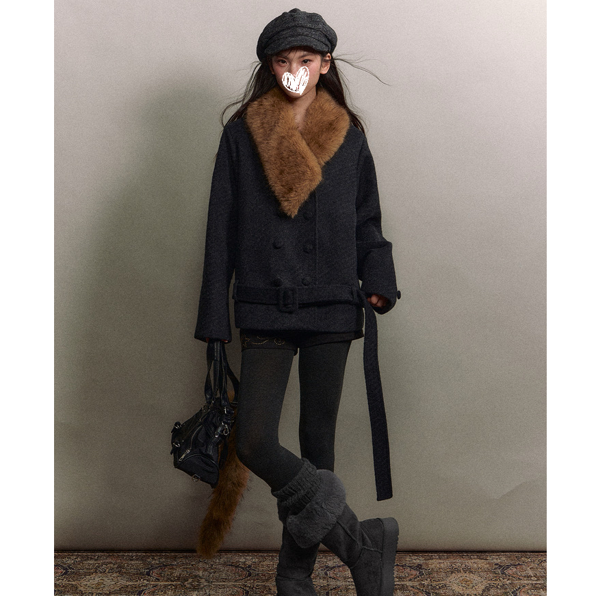 复古拼接毛领可拆卸斜纹双排扣宽松毛呢大衣外套女3293
