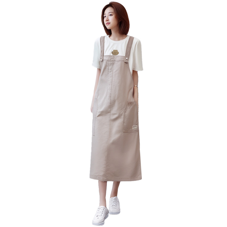 净色口袋长款背带裙宽松遮肉