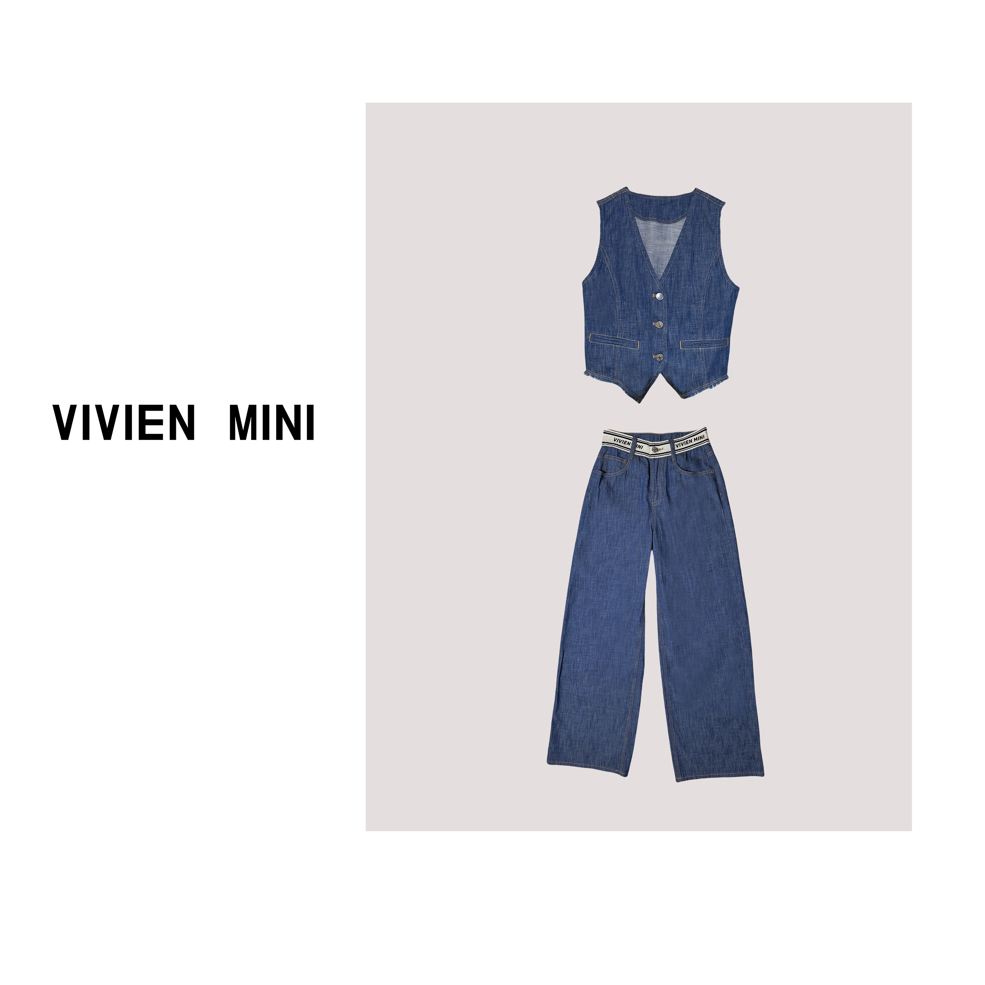 VIVIEN MINI【美姐】夏季气质牛仔马甲套装时尚潮流百搭复古设计师