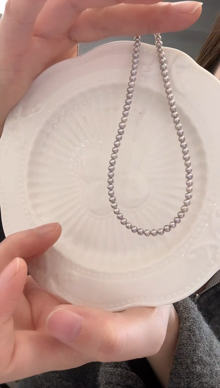 颈饰银S925镶嵌淡水珍珠无瑕极光铂金灰