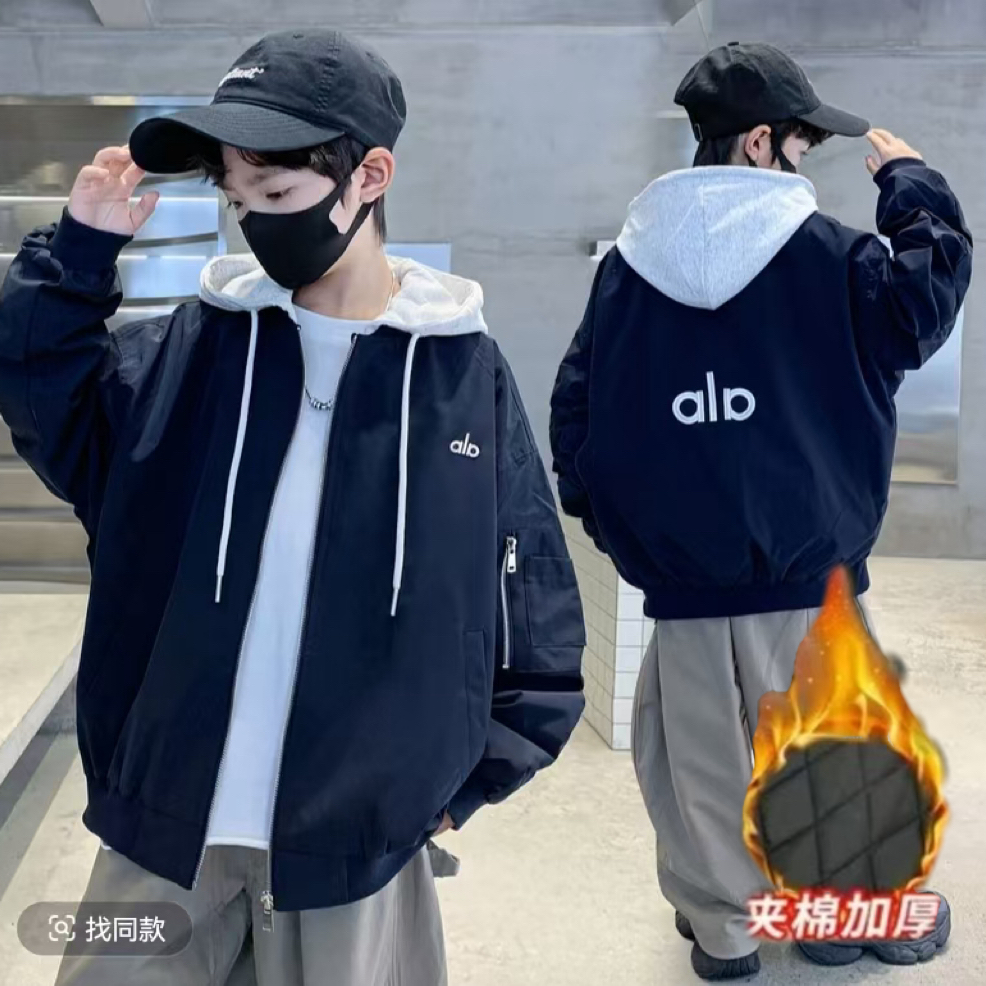 【夹棉/不夹棉】~男童秋冬韩版夹棉加厚连帽假两件字母外套S10365