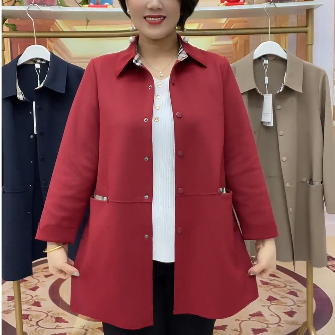 气质显瘦洋气中长款中老年妈妈春秋装精品长袖翻领女外套宽松风衣
