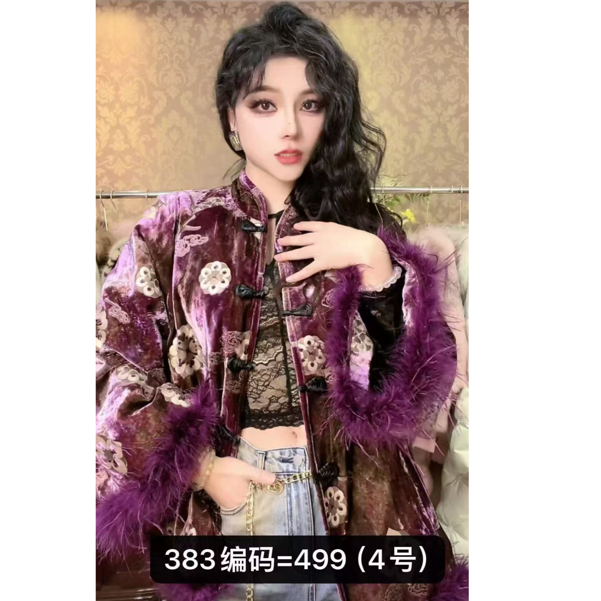 383灯芯绒厚款提花长款拼接斜襟上衣民族风唐装复古休闲短外套