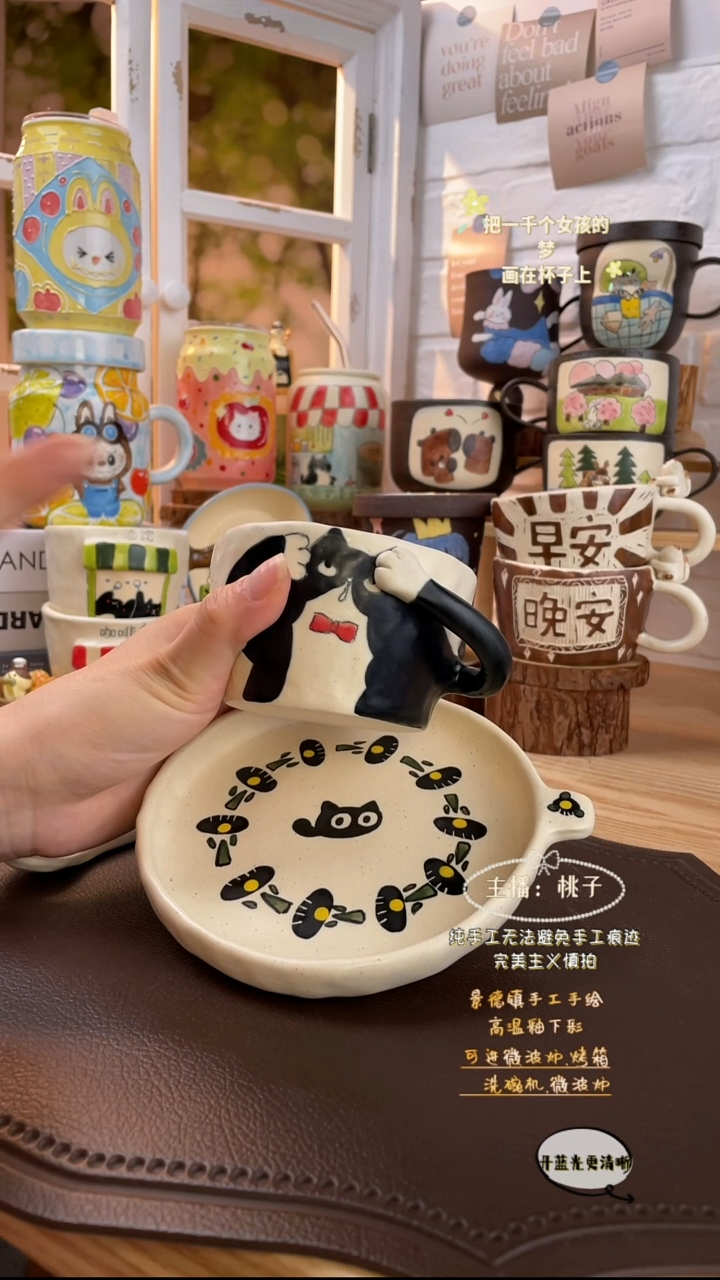 摆件景德镇创意手绘可爱文创杯捂脸2件套