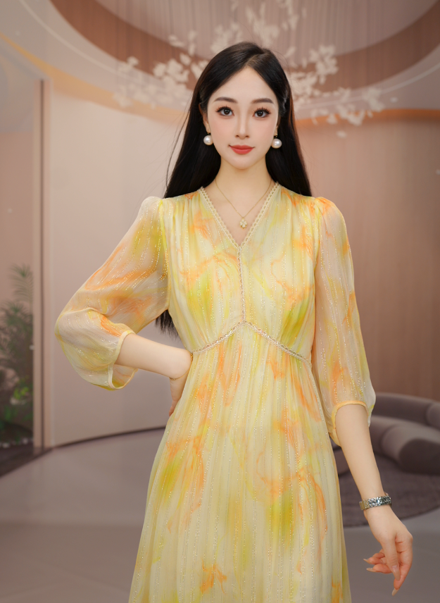 【沐沐家2】--金丝印花100%桑蚕丝气质女收腰真丝连衣裙C551