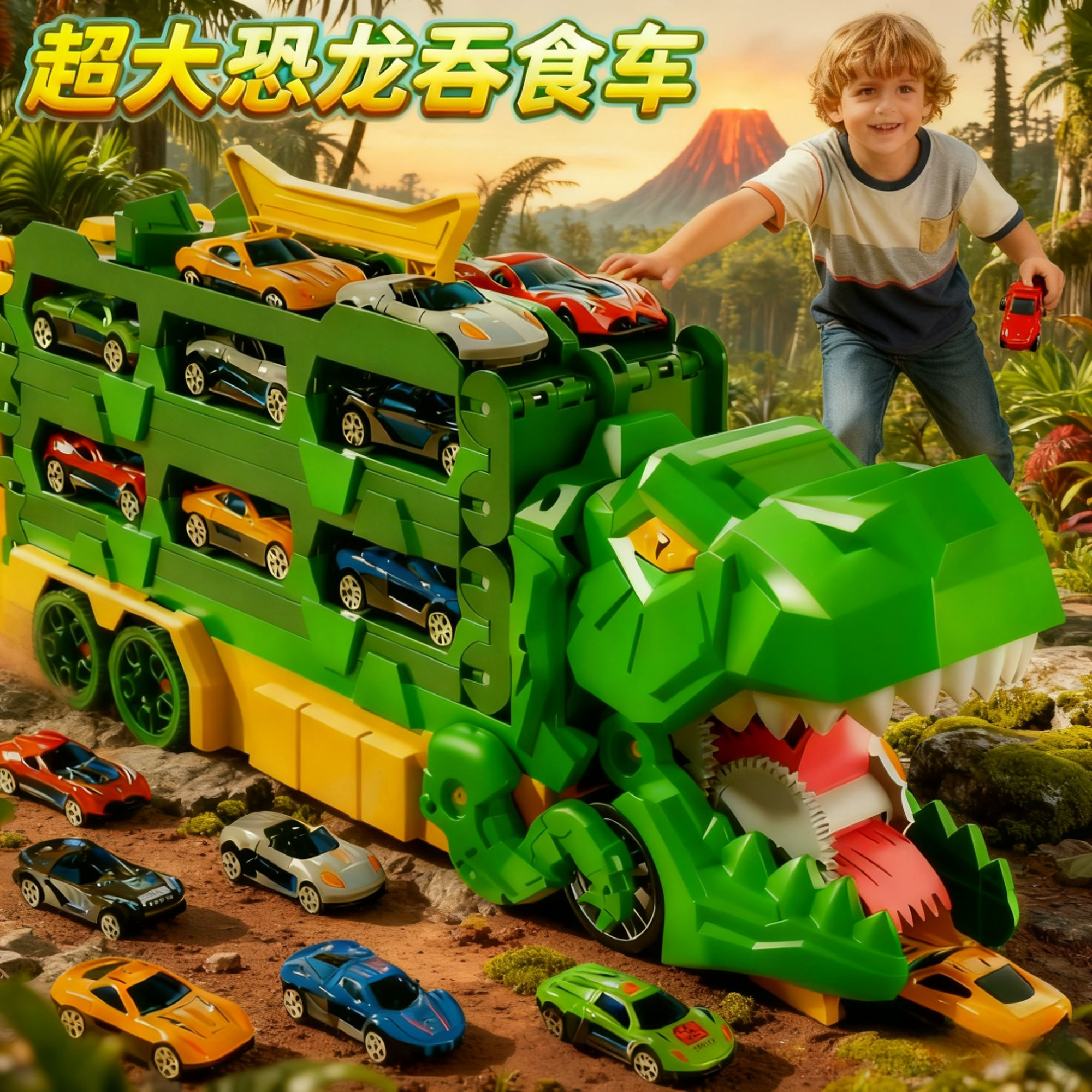 霸王龙恐龙吞噬轨道车变形弹射滑行儿童小汽车男孩益智早教玩具