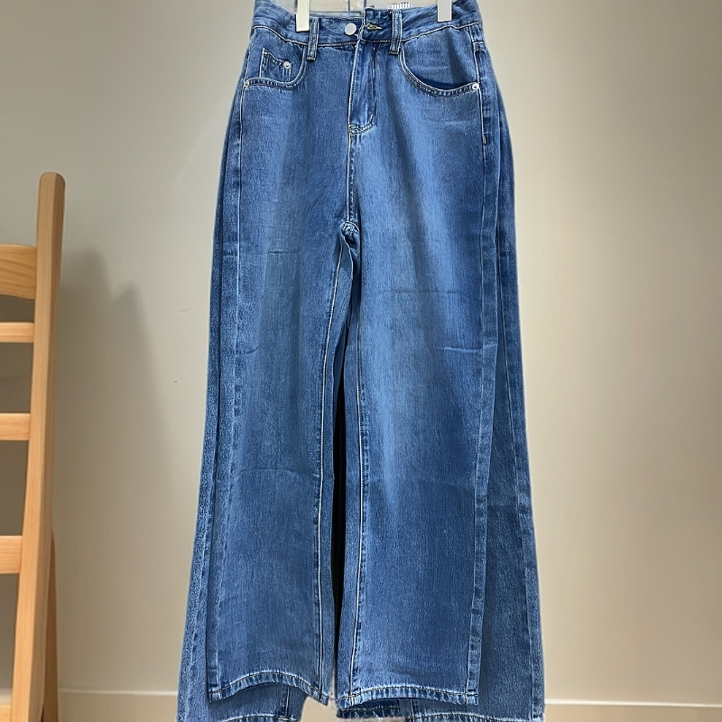 T04牛仔裤阔腿裤高腰长裤 宽松水洗蓝色休闲韩版潮流