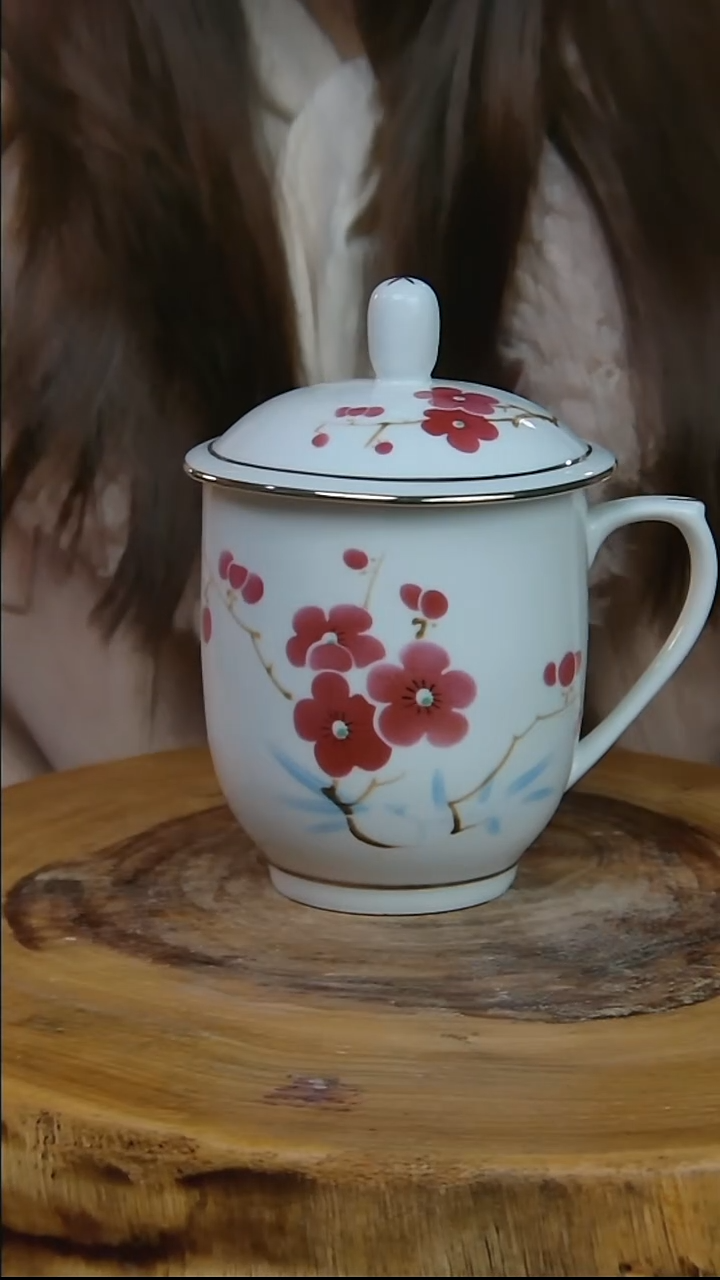 摆件陶翠竹红梅办公杯