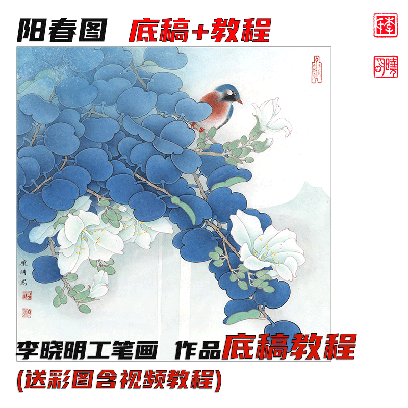 李晓明《阳春图》工笔画学习45*45cm 包邮底稿送彩图