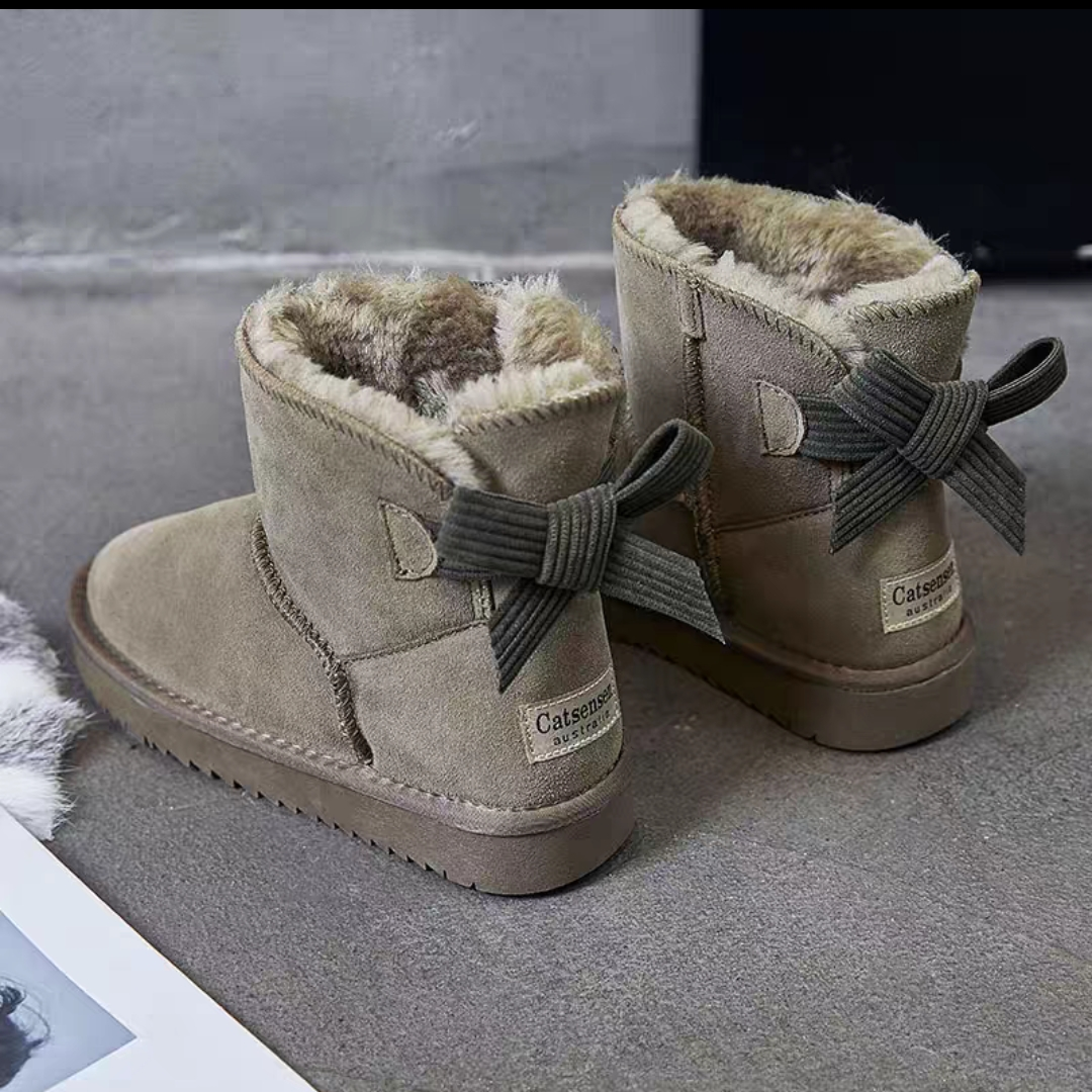 新款蝴蝶结真皮雪地靴女短筒冬季2024加绒保暖短靴子学生防滑棉鞋