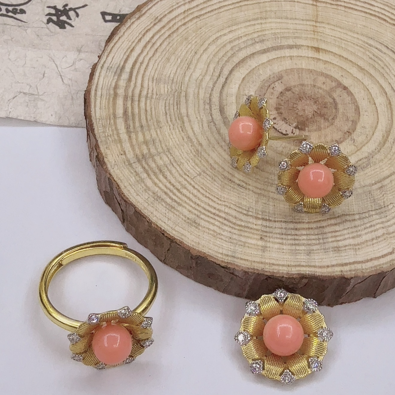 【中展红珊瑚】cc姐专属天然momo珊瑚花朵戒指吊坠耳钉一套