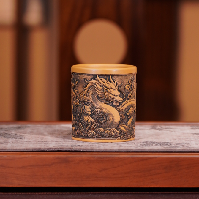 宜兴全手工原矿茶具正宗黄金朱泥龙生九子瑞兽图收藏直筒紫砂杯