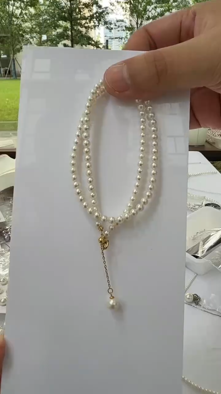 淡水珍珠银S925镶嵌项链3.5-4mm（吊尾珠-金色）