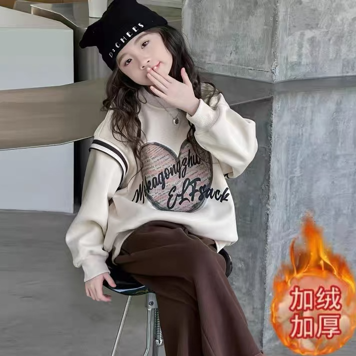 女童2025冬季加绒花边卫衣新款大童韩系穿搭儿童秋冬加厚衣服裤子