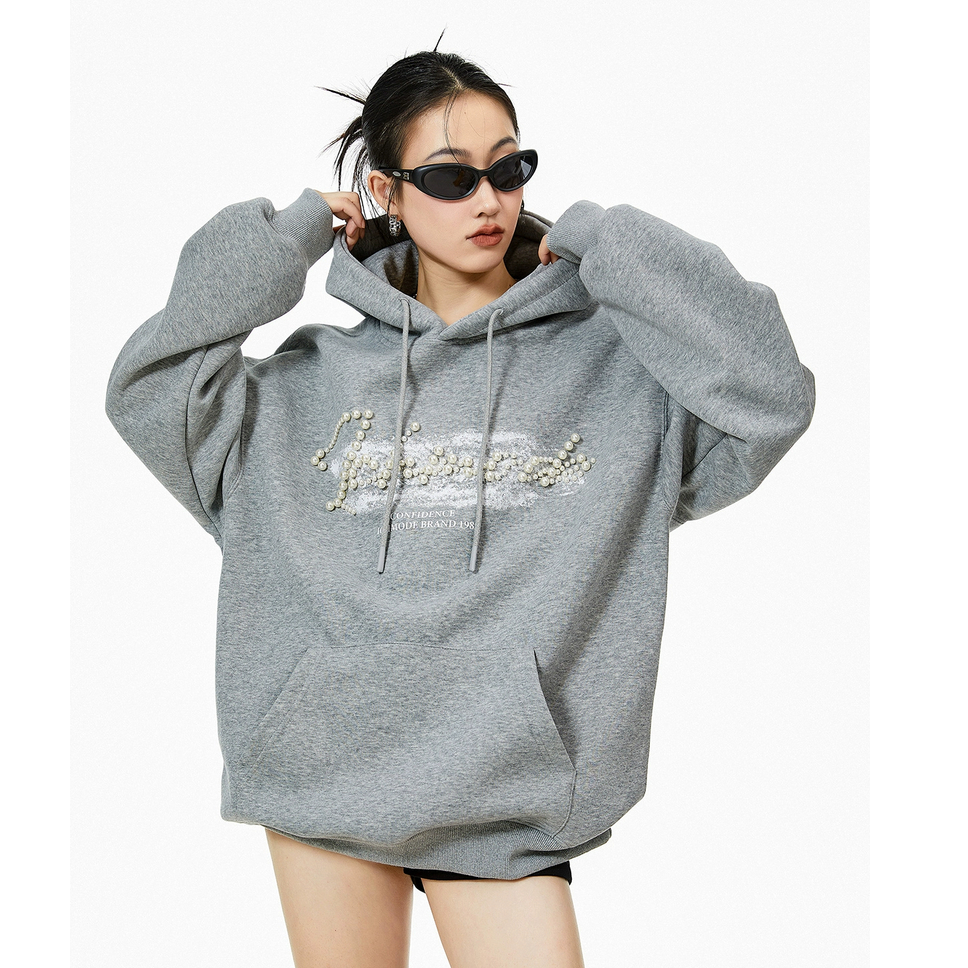 ICHMODE珍珠卫衣春季新款高街慵懒风春秋美式复古红色连帽宽松