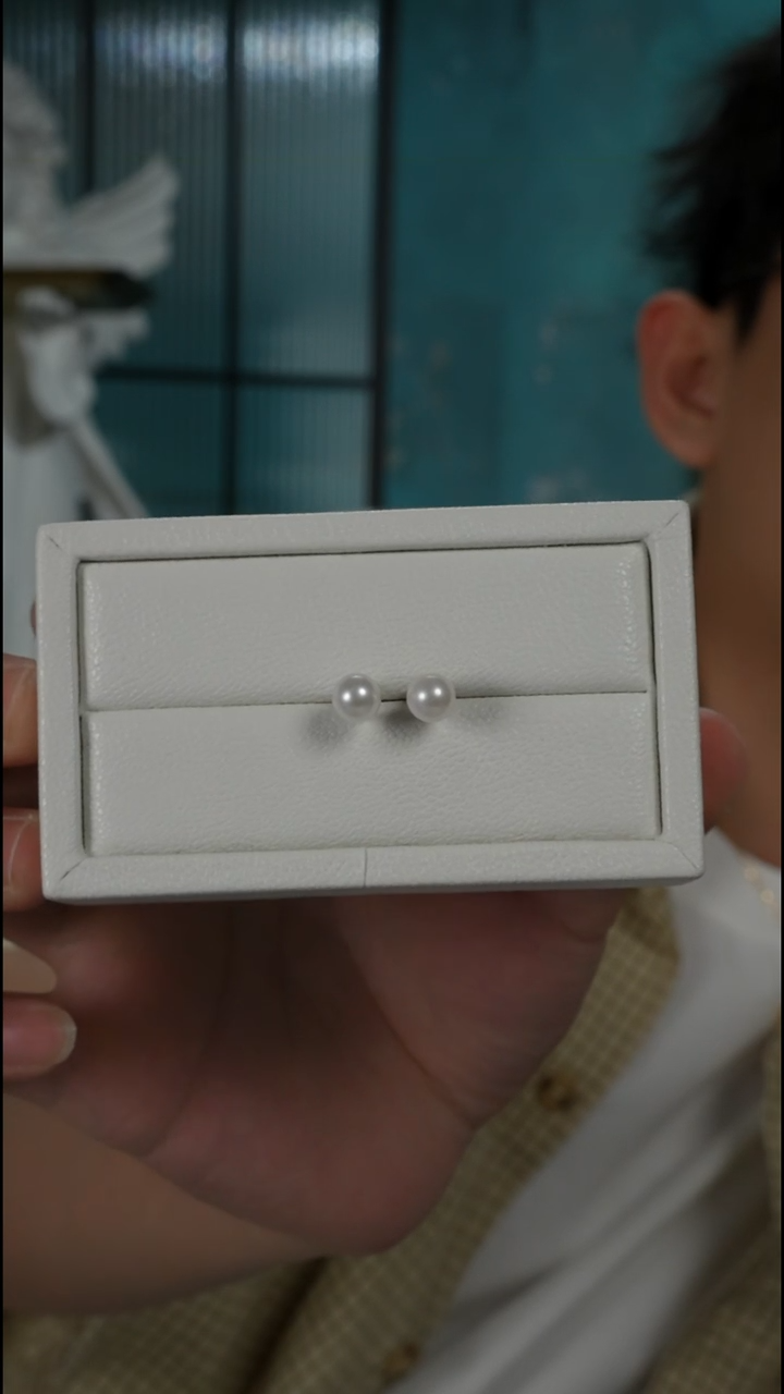 银S925镶嵌耳钉海水珍珠AK素钉7-7.5mm