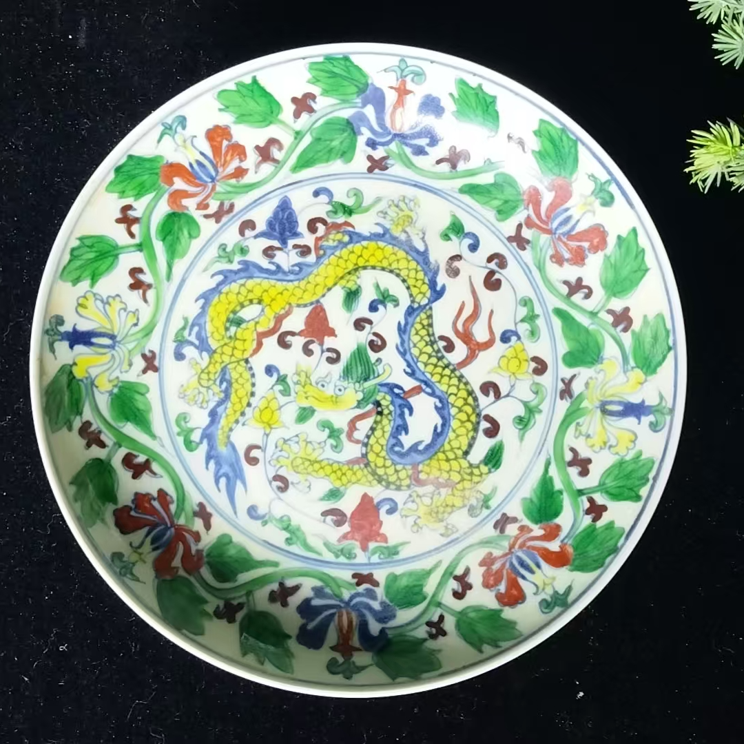 古瓷器老物件成~化青花斗彩手绘全家福纹龙凤盘收藏陶瓷赏盘