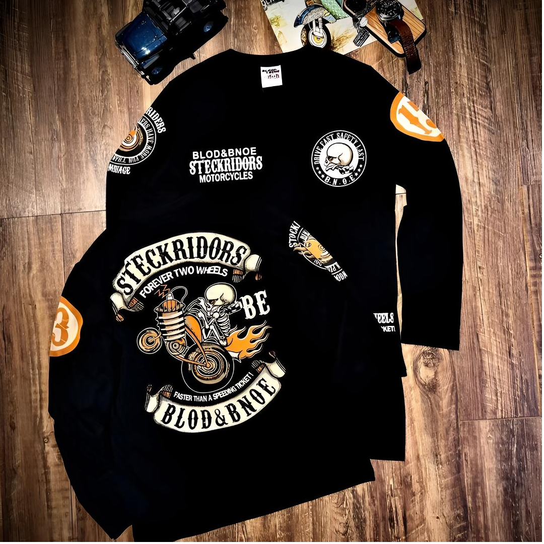 小圆标圆领男士骷髅潮流印花四季流行棉质个性长袖T恤图片有色差