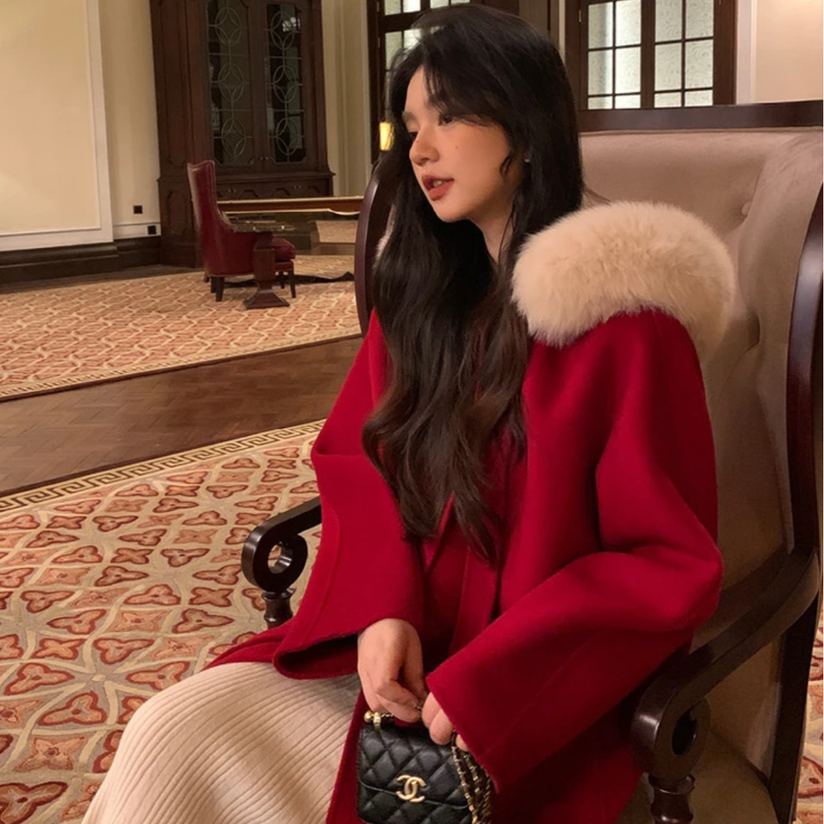 【小魔女】新中式国风斗篷连帽狐狸毛领暗扣宽松双面羊毛大衣