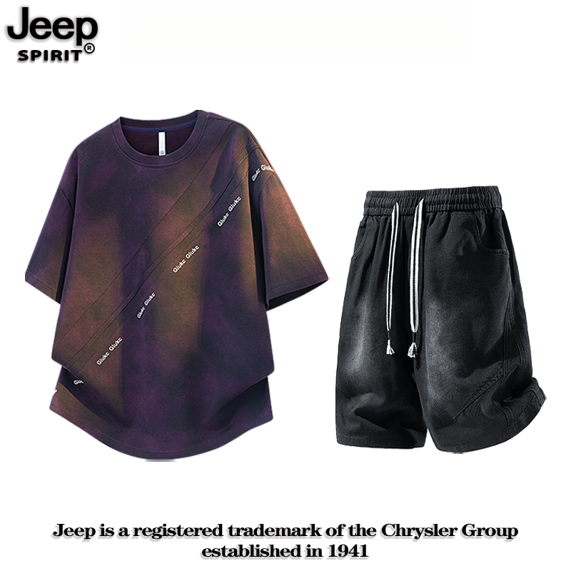 JEEPSPIRIT吉普套装夏季新款美式扎染短袖短裤大码宽松休闲两件套