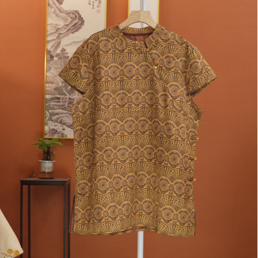 圆领提花短袖薄款立领拉链上衣黄色百搭碎花重磅女士